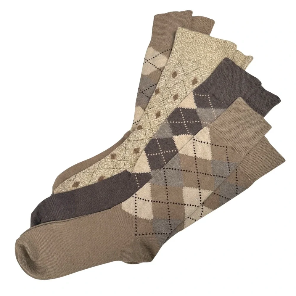 VTG Argyle and Metallic Diamond Crew Socks Bundle 4 Pairs Brown Tan Gold Neutral